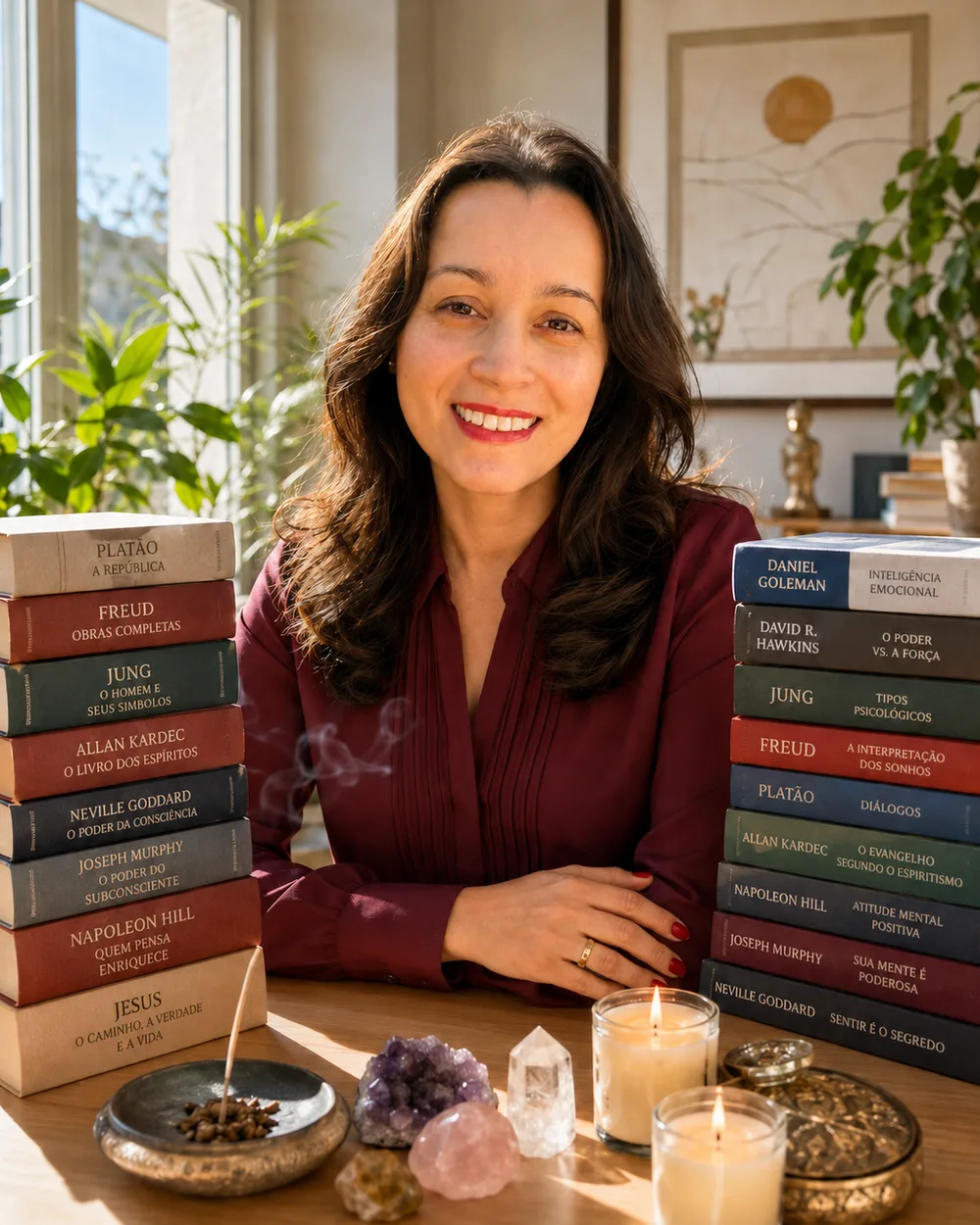 Aline Desperta em seu escritório entre livros de filosofia, psicologia e espiritualidade